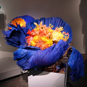 Dale Chihuly, Ultramarine Stemmed Form with Orange - vase & flower arrangement